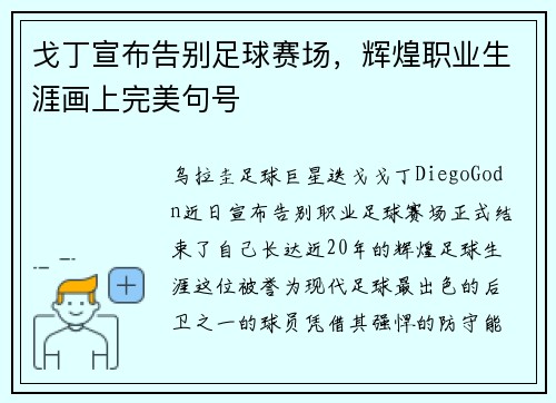 戈丁宣布告别足球赛场，辉煌职业生涯画上完美句号