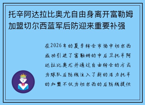 托辛阿达拉比奥尤自由身离开富勒姆加盟切尔西蓝军后防迎来重要补强 托辛阿达拉比奥尤自由身离开富勒姆加盟切尔西蓝军后防迎来重要补强